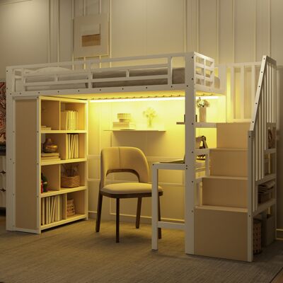 JHY DESIGN Cama Alta, 90 X 200 Cm, Estructura De Hierro, Con Escritorio, Compartimento De Almacenamiento, Iluminación Led, Escalera Con Espacio De Almacenamiento Integrado, Colchón No Incluido, Blanca. JHY DESIGN Cama Alta, 90 X 200 Cm, Estructura De Hierro, Con Escritorio, Compartimento De Almacenamiento, Iluminación Led, Escalera Con Espacio De Almacenamiento Integrado, Colchón No Incluido, Blanca.