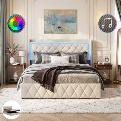 OEM Cama Lit Coffre - Nexu - Terciopelo Beige - Cabecero Led Con Usb - Somier De Lattes 140x190 Con Almacenamiento OEM Cama Lit Coffre - Nexu - Terciopelo Beige - Cabecero Led Con Usb - Somier De Lattes 140x190 Con Almacenamiento