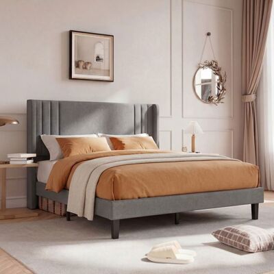 OEM Cama Doble 140x200 Cm - Estructura De Cama - Cabecera Alta Acolchada - Tapizado De Lino Gris - Somier De Lamas Incluido OEM Cama Doble 140x200 Cm - Estructura De Cama - Cabecera Alta Acolchada - Tapizado De Lino Gris - Somier De Lamas Incluido