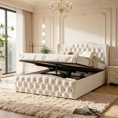 OEM Cama Lit 140x190 Con Somier De Lamas, Terciopelo Blanco Roto, Cabecero Capitoné Con Clavos, 2 Plazas OEM Cama Lit 140x190 Con Somier De Lamas, Terciopelo Blanco Roto, Cabecero Capitoné Con Clavos, 2 Plazas