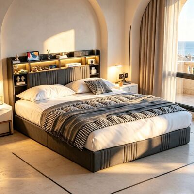 OEM Cama Lit 140x200 Gris Con Somier, Led Rgb + Usb - Cabecero Con Nichos De Almacenamiento + Estilo Escandinavo + Tela De Lino OEM Cama Lit 140x200 Gris Con Somier, Led Rgb + Usb - Cabecero Con Nichos De Almacenamiento + Estilo Escandinavo + Tela De Lino