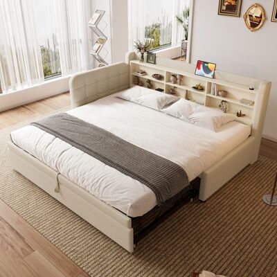 JHY DESIGN Sofá Cama, 90 X 200 Cm (180 X 200 Cm), Cama Multifuncional Extraíble, Puertos Usb Y Tipo-c, Múltiples Estantes De Almacenamiento, Base De Láminas (colchón No Incluido), Lino, Beige JHY DESIGN Sofá Cama, 90 X 200 Cm (180 X 200 Cm), Cama Multifuncional Extraíble, Puertos Usb Y Tipo-c, Múltiples Estantes De Almacenamiento, Base De Láminas (colchón No Incluido), Lino, Beige