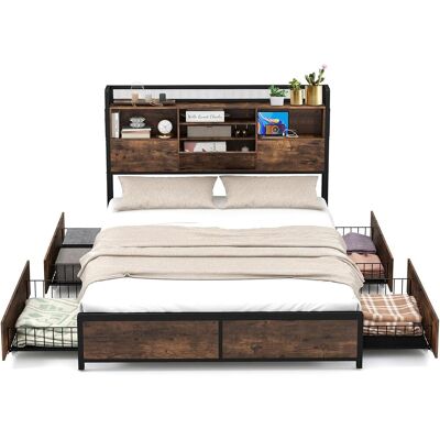 Cama Doble Con Cajones 160 X 200 Cm, Estructura Cama De Metal Con Estación De Carga, Cama Matrimonio No Requiere Somier, Marrón Vintage - Costway Cama Doble Con Cajones 160 X 200 Cm, Estructura Cama De Metal Con Estación De Carga, Cama Matrimonio No Requiere Somier, Marrón Vintage - Costway