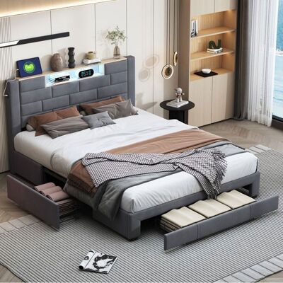 OEM Estructura De Cama 140x200 Cm Terciopelo Gris Led 7 Colores, 3 Cajones, Usb Tipo-c, Somier De Lamas OEM Estructura De Cama 140x200 Cm Terciopelo Gris Led 7 Colores, 3 Cajones, Usb Tipo-c, Somier De Lamas