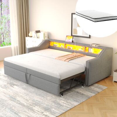 JHY DESIGN Cama Tapizada, Sofá Cama Extensible De 90/180 X 200 Cm, Compartimento De Almacenamiento Multifuncional, Luz Led Y Toma Usb, Con Somier De Láminas, Gris Claro (con Dos Colchones De Muelles). JHY DESIGN Cama Tapizada, Sofá Cama Extensible De 90/180 X 200 Cm, Compartimento De Almacenamiento Multifuncional, Luz Led Y Toma Usb, Con Somier De Láminas, Gris Claro (con Dos Colchones De Muelles).