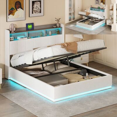 OEM Cama Lit 140x200 Cm En Terciopelo Blanco Con Led Integrada, Somier De Lamas Y Gran Almacenamiento OEM Cama Lit 140x200 Cm En Terciopelo Blanco Con Led Integrada, Somier De Lamas Y Gran Almacenamiento