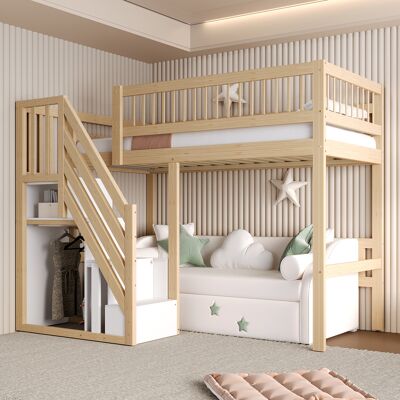 JHY DESIGN Cama De Madera Maciza De 90 X 200 Cm, Escalera Con Espacio De Almacenamiento Integrado, Cama Infantil, Cama Juvenil, Cama Individual, Estructura De Madera Maciza, Versión Alta, Acabado En Madera. JHY DESIGN Cama De Madera Maciza De 90 X 200 Cm, Escalera Con Espacio De Almacenamiento Integrado, Cama Infantil, Cama Juvenil, Cama Individual, Estructura De Madera Maciza, Versión Alta, Acabado En Madera.