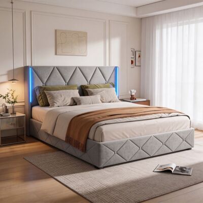 OEM Cama Lit 140x190 - Pocketpop - Terciopelo Gris - Cabecero Con Led - Estructura De Cama Con Somier De Lamas De Madera - 2 Plazas OEM Cama Lit 140x190 - Pocketpop - Terciopelo Gris - Cabecero Con Led - Estructura De Cama Con Somier De Lamas De Madera - 2 Plazas