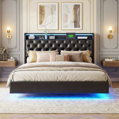 OEM Cama Lit 140×190 - Cama Flotante Suspendida - Pu Negro - Led Integrada - Almacenamiento Hidráulico OEM Cama Lit 140×190 - Cama Flotante Suspendida - Pu Negro - Led Integrada - Almacenamiento Hidráulico