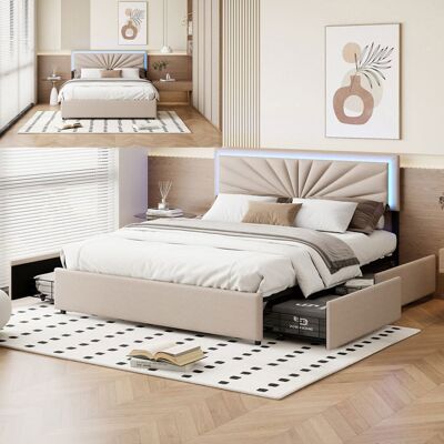 OEM Cama 160x200 Cm Led Beige - Cabecero Ajustable, 4 Cajones, Somier De Lamas, Estructura De Madera/metálica OEM Cama 160x200 Cm Led Beige - Cabecero Ajustable, 4 Cajones, Somier De Lamas, Estructura De Madera/metálica
