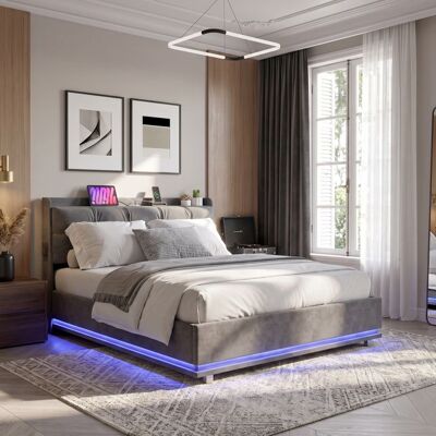 OEM Cama Lit 140x190 Cm - Terciopelo Gris - Somier De Lamas - Led Multicolor Y Usb/type-c - Estructura De Metal 300 Kg OEM Cama Lit 140x190 Cm - Terciopelo Gris - Somier De Lamas - Led Multicolor Y Usb/type-c - Estructura De Metal 300 Kg