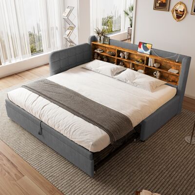 JHY DESIGN Sofá Cama, 90 X 200 Cm (180 X 200 Cm), Cama Multifuncional Extraíble, Puertos Usb Y Tipo-c, Múltiples Estantes De Almacenamiento, Base De Láminas (colchón No Incluido), Lino, Gris JHY DESIGN Sofá Cama, 90 X 200 Cm (180 X 200 Cm), Cama Multifuncional Extraíble, Puertos Usb Y Tipo-c, Múltiples Estantes De Almacenamiento, Base De Láminas (colchón No Incluido), Lino, Gris