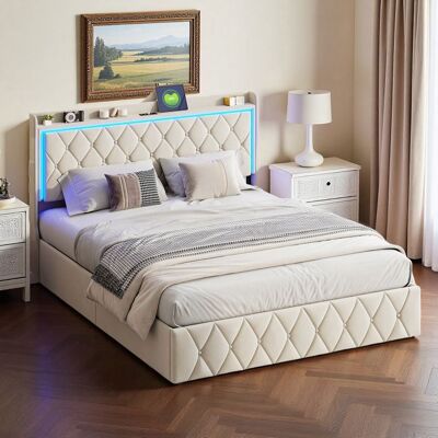 OEM Cama Con Arcón - 140x190 Cm - Terciopelo Beige - Led Integrada + Usb/type-c - Somier De Lamas 24 Y Arcón Hidráulico OEM Cama Con Arcón - 140x190 Cm - Terciopelo Beige - Led Integrada + Usb/type-c - Somier De Lamas 24 Y Arcón Hidráulico