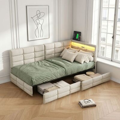 OEM Cama 1 Persona - Lit-90-beige-led-tir - Cabecero Led Usb Y Toma De Corriente - 2 Cajones - Tela De Lino Beige 90x200 OEM Cama 1 Persona - Lit-90-beige-led-tir - Cabecero Led Usb Y Toma De Corriente - 2 Cajones - Tela De Lino Beige 90x200