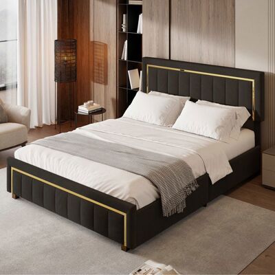 OEM Cama Lit 140x200 De Terciopelo Negro Con Bordes Chapados En Oro, Cabecera Y Somier De Lamas - 2 Plazas OEM Cama Lit 140x200 De Terciopelo Negro Con Bordes Chapados En Oro, Cabecera Y Somier De Lamas - 2 Plazas