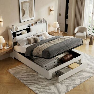 OEM Cama Cofre - Litcoffre 160 X 200 - Terciopelo Beige - Somier De Lamas Incluido - Led En El Cabecero Con Usb OEM Cama Cofre - Litcoffre 160 X 200 - Terciopelo Beige - Somier De Lamas Incluido - Led En El Cabecero Con Usb