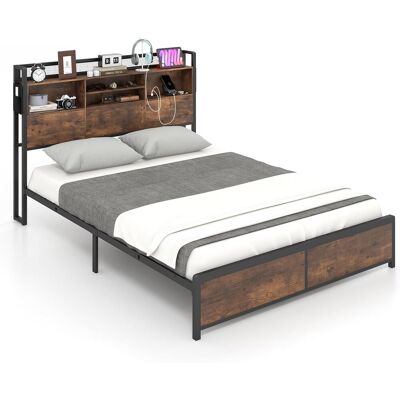 Estructura Cama 220x160cm, Cama Doble De Metal Con Estación De Carga, Cabecero De Estantería De 3 Niveles, Cama Matrimonial Marrón Vintage - Costway Estructura Cama 220x160cm, Cama Doble De Metal Con Estación De Carga, Cabecero De Estantería De 3 Niveles, Cama Matrimonial Marrón Vintage - Costway