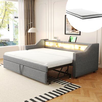 JHY DESIGN Cama Tapizada, Sofá Cama Extensible De 90/180 X 190 Cm, Compartimento De Almacenamiento Multifuncional, Luz Led Y Toma Usb, Con Somier De Láminas, Gris Claro (con Dos Colchones De Muelles). JHY DESIGN Cama Tapizada, Sofá Cama Extensible De 90/180 X 190 Cm, Compartimento De Almacenamiento Multifuncional, Luz Led Y Toma Usb, Con Somier De Láminas, Gris Claro (con Dos Colchones De Muelles).