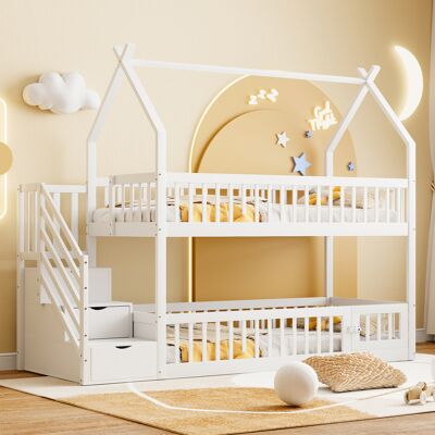JHY DESIGN Litera Infantil De 90x200 Cm En Madera Maciza Con Techo, Escalera De Seguridad Y Cajones De Almacenamiento, Cama Individual Blanca. JHY DESIGN Litera Infantil De 90x200 Cm En Madera Maciza Con Techo, Escalera De Seguridad Y Cajones De Almacenamiento, Cama Individual Blanca.