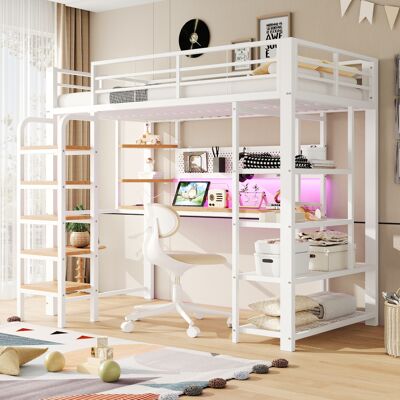 JHY DESIGN Cama Alta De Hierro De 90×200 Cm, Con Estructura De Chapa Perforada, Escritorio Con Enchufe Cee, Iluminación Led Multicolor, Compartimentos De Almacenamiento Multinivel, Estante Pequeño. JHY DESIGN Cama Alta De Hierro De 90×200 Cm, Con Estructura De Chapa Perforada, Escritorio Con Enchufe Cee, Iluminación Led Multicolor, Compartimentos De Almacenamiento Multinivel, Estante Pequeño.