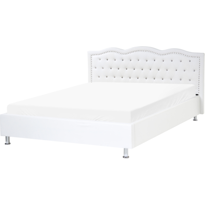BELIANI Cama Con Somier De Piel Sintética Blanco Plateado 160 X 200 Cm Cabecero Botones Metz BELIANI Cama Con Somier De Piel Sintética Blanco Plateado 160 X 200 Cm Cabecero Botones Metz