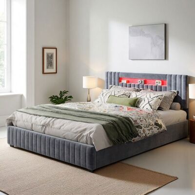 OEM Cama Lit 140x190 - Terciopelo Gris - Somier De Lamas - Led Integrada Rgb - Estructura De Madera Y Metal OEM Cama Lit 140x190 - Terciopelo Gris - Somier De Lamas - Led Integrada Rgb - Estructura De Madera Y Metal
