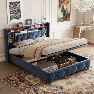 OEM Cama Lit 140x190, Con Somier De Lamas, Led Y Puertos Usb - Cabecero Con Almacenamiento - Terciopelo Gris OEM Cama Lit 140x190, Con Somier De Lamas, Led Y Puertos Usb - Cabecero Con Almacenamiento - Terciopelo Gris