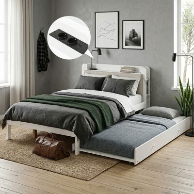 JHY DESIGN Cama Funcional Blanca De 120x200 Cm Con Cama Nido De 90x190 Cm, Cama De Madera Con Cabecero Tapizado, Estante Integrado, Estación De Carga Y Espacio De Almacenamiento Abierto. JHY DESIGN Cama Funcional Blanca De 120x200 Cm Con Cama Nido De 90x190 Cm, Cama De Madera Con Cabecero Tapizado, Estante Integrado, Estación De Carga Y Espacio De Almacenamiento Abierto.