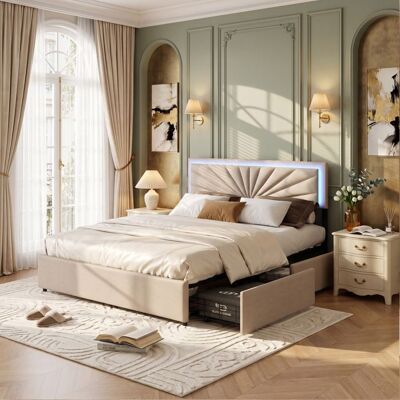 OEM Cama Doble - Cama Queen 160x200 Cm - Cabecero Ajustable Tapizado En Lino - Led Integrada - 4 Cajones Y Somier De Lamas OEM Cama Doble - Cama Queen 160x200 Cm - Cabecero Ajustable Tapizado En Lino - Led Integrada - 4 Cajones Y Somier De Lamas