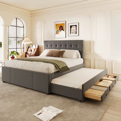 JHY DESIGN (=wx000502aae) Cama Tapizada, 140 X 200 Cm, Cama Doble, Cama Familiar, Cama King Size Con Tres Cajones, Cama Extensible, Cabecero Ajustable, Colchón No Incluido, Gris JHY DESIGN (=wx000502aae) Cama Tapizada, 140 X 200 Cm, Cama Doble, Cama Familiar, Cama King Size Con Tres Cajones, Cama Extensible, Cabecero Ajustable, Colchón No Incluido, Gris