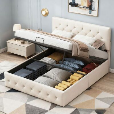 OEM Cama Litera - 140x200 Cm - Terciopelo Beige - Somier De Lamas Incluido - Almacenamiento Hidráulico 280 Kg OEM Cama Litera - 140x200 Cm - Terciopelo Beige - Somier De Lamas Incluido - Almacenamiento Hidráulico 280 Kg