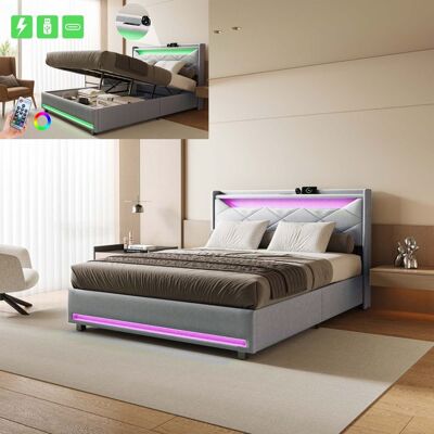 OEM Cama Lit 140x200 Cm Gris En Lino Con Led Y Puertos Usb/type-c, Somier De Lamas OEM Cama Lit 140x200 Cm Gris En Lino Con Led Y Puertos Usb/type-c, Somier De Lamas