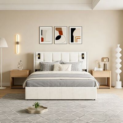 OEM Cama Lit 140x190 - Pocketpop - Terciopelo Beige - Cabecero Con Lámpara Led - Almacenamiento Hidráulico OEM Cama Lit 140x190 - Pocketpop - Terciopelo Beige - Cabecero Con Lámpara Led - Almacenamiento Hidráulico