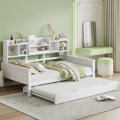 JHY DESIGN Sofá Cama Extensible De 90 X 200 Cm En Madera Maciza, Cama Extraíble De 90 X 190 Cm, Con Compartimento De Almacenamiento Y Somier De Láminas, Cama Multifuncional De Pino, Cama Individual, Blanca JHY DESIGN Sofá Cama Extensible De 90 X 200 Cm En Madera Maciza, Cama Extraíble De 90 X 190 Cm, Con Compartimento De Almacenamiento Y Somier De Láminas, Cama Multifuncional De Pino, Cama Individual, Blanca