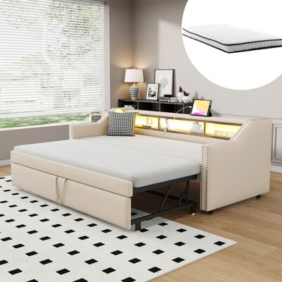 JHY DESIGN Cama Tapizada, Sofá Cama Extensible De 90/180 X 190 Cm, Compartimento De Almacenamiento Multifuncional, Luz Led Y Puerto Usb, Con Somier De Láminas, Color Beige (con Dos Colchones De Muelles). JHY DESIGN Cama Tapizada, Sofá Cama Extensible De 90/180 X 190 Cm, Compartimento De Almacenamiento Multifuncional, Luz Led Y Puerto Usb, Con Somier De Láminas, Color Beige (con Dos Colchones De Muelles).