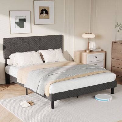 OEM Cama Doble - Modelo 140 X 200 Cm - Somier De Lamas - Cabecero Acolchado - Tela De Lino Gris OEM Cama Doble - Modelo 140 X 200 Cm - Somier De Lamas - Cabecero Acolchado - Tela De Lino Gris