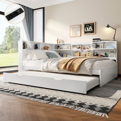 JHY DESIGN Sofá Cama Convertible, 140 X 200 Cm, Cabecero Con Compartimento De Almacenamiento, Cama Extensible, Colchón No Incluido, Blanco. JHY DESIGN Sofá Cama Convertible, 140 X 200 Cm, Cabecero Con Compartimento De Almacenamiento, Cama Extensible, Colchón No Incluido, Blanco.