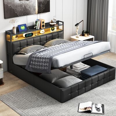 TANANT Cama Con Almacenamiento Tapizada 160x200 Cm, Cama Doble Con Cabecero Led Con Carga Usb, Somier De Láminas, Gran Espacio De Almacenamiento, Similar Al Cuero, Negro TANANT Cama Con Almacenamiento Tapizada 160x200 Cm, Cama Doble Con Cabecero Led Con Carga Usb, Somier De Láminas, Gran Espacio De Almacenamiento, Similar Al Cuero, Negro