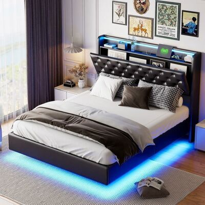 OEM Cama Lit 160x200 Cm Suspendida Tapizada En Pu Negro Con Led Integrada, Somier De Lamas Y Cofre De Almacenamiento OEM Cama Lit 160x200 Cm Suspendida Tapizada En Pu Negro Con Led Integrada, Somier De Lamas Y Cofre De Almacenamiento