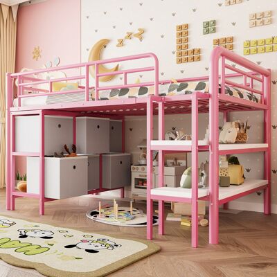 JHY DESIGN Cama Infantil De 90x200 Cm, Cama Alta De Metal Con Almacenamiento, Escalera Ancha, Esquinas Redondeadas, Cajones Y Estantes Para Un Almacenamiento Óptimo En La Habitación Infantil, Color Rosa. JHY DESIGN Cama Infantil De 90x200 Cm, Cama Alta De Metal Con Almacenamiento, Escalera Ancha, Esquinas Redondeadas, Cajones Y Estantes Para Un Almacenamiento Óptimo En La Habitación Infantil, Color Rosa.