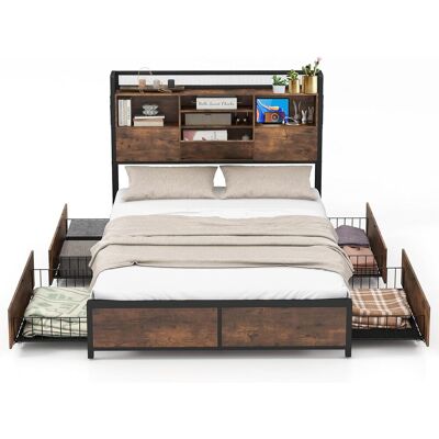 Cama Doble Con Cajones 140 X 200 Cm, Estructura Cama De Metal Con Estación De Carga, Cama Matrimonio No Requiere Somier, Marrón Vintage - Costway Cama Doble Con Cajones 140 X 200 Cm, Estructura Cama De Metal Con Estación De Carga, Cama Matrimonio No Requiere Somier, Marrón Vintage - Costway