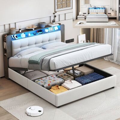 OEM Cama Lit 140x200 Cm Blanco Terciopelo Con Led Y Cargador Inalámbrico - Somier De Lamas OEM Cama Lit 140x200 Cm Blanco Terciopelo Con Led Y Cargador Inalámbrico - Somier De Lamas