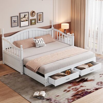 JHY DESIGN Sofá Cama Extensible De Madera Maciza, 90/180190 Cm, Con Columnas Romanas, Respaldo Y Reposabrazos Curvos, Cajones Y Somier De Láminas, Cama Multifuncional De Pino, Color Blanco. JHY DESIGN Sofá Cama Extensible De Madera Maciza, 90/180190 Cm, Con Columnas Romanas, Respaldo Y Reposabrazos Curvos, Cajones Y Somier De Láminas, Cama Multifuncional De Pino, Color Blanco.