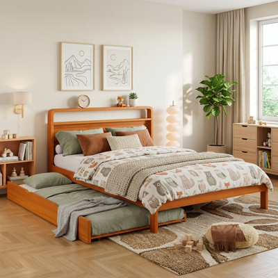 JHY DESIGN Cama De Madera De 140x200 Cm Con Cama Nido De 90x190 Cm, Cama Doble De Color Natural Con Cama Nido, Cabecero Redondeado Y Función De Ahorro De Espacio 2 En 1. JHY DESIGN Cama De Madera De 140x200 Cm Con Cama Nido De 90x190 Cm, Cama Doble De Color Natural Con Cama Nido, Cabecero Redondeado Y Función De Ahorro De Espacio 2 En 1.