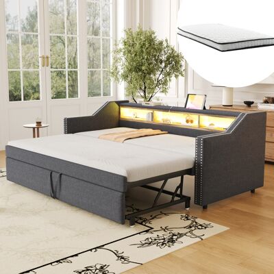 JHY DESIGN Cama Tapizada, Sofá Cama Extensible De 90/180 X 190 Cm, Compartimento De Almacenamiento Multifuncional, Luz Led Y Toma Usb, Con Somier De Láminas, Gris Oscuro (con Dos Colchones De Muelles). JHY DESIGN Cama Tapizada, Sofá Cama Extensible De 90/180 X 190 Cm, Compartimento De Almacenamiento Multifuncional, Luz Led Y Toma Usb, Con Somier De Láminas, Gris Oscuro (con Dos Colchones De Muelles).