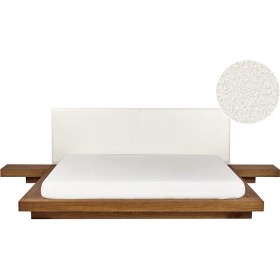 Cama moderna de madera clara con cabecero de bouclé - Muebles de dormitorio Cama moderna de madera clara con cabecero de bouclé - Muebles de dormitorio