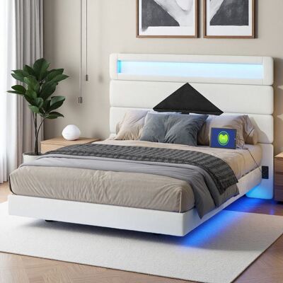 OEM Cama 140x190 Cm - 3hxf - Terciopelo Beige - Somier De Lamas Incluido - Cabecero Led + Puertos Usb OEM Cama 140x190 Cm - 3hxf - Terciopelo Beige - Somier De Lamas Incluido - Cabecero Led + Puertos Usb