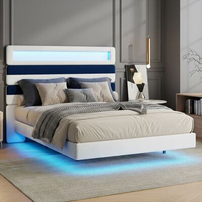 OEM Cama 140x190 - Cama Flotante Tapizada - Somier De Lamas - Cabecero De Terciopelo Led Usb - Madera Y Metal OEM Cama 140x190 - Cama Flotante Tapizada - Somier De Lamas - Cabecero De Terciopelo Led Usb - Madera Y Metal