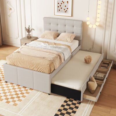 JHY DESIGN Cama Tapizada, 90 X 200 Cm (90 X 190 Cm), Cama Familiar, Cama Con Tres Cajones, Cama Nido, Cabecero Ajustable, Colchón No Incluido, Color Beige. JHY DESIGN Cama Tapizada, 90 X 200 Cm (90 X 190 Cm), Cama Familiar, Cama Con Tres Cajones, Cama Nido, Cabecero Ajustable, Colchón No Incluido, Color Beige.