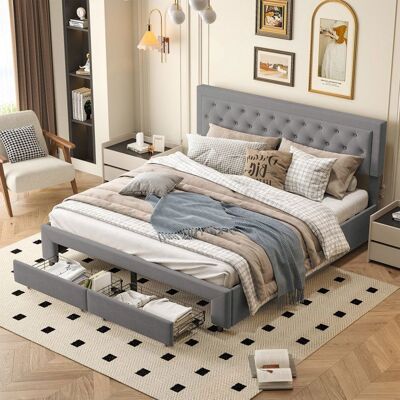 OEM Estructura De Cama 160x200 Cm De Terciopelo Gris – Cofre Hidráulico + 2 Cajones, Somier De Lamas, Cabecero OEM Estructura De Cama 160x200 Cm De Terciopelo Gris – Cofre Hidráulico + 2 Cajones, Somier De Lamas, Cabecero